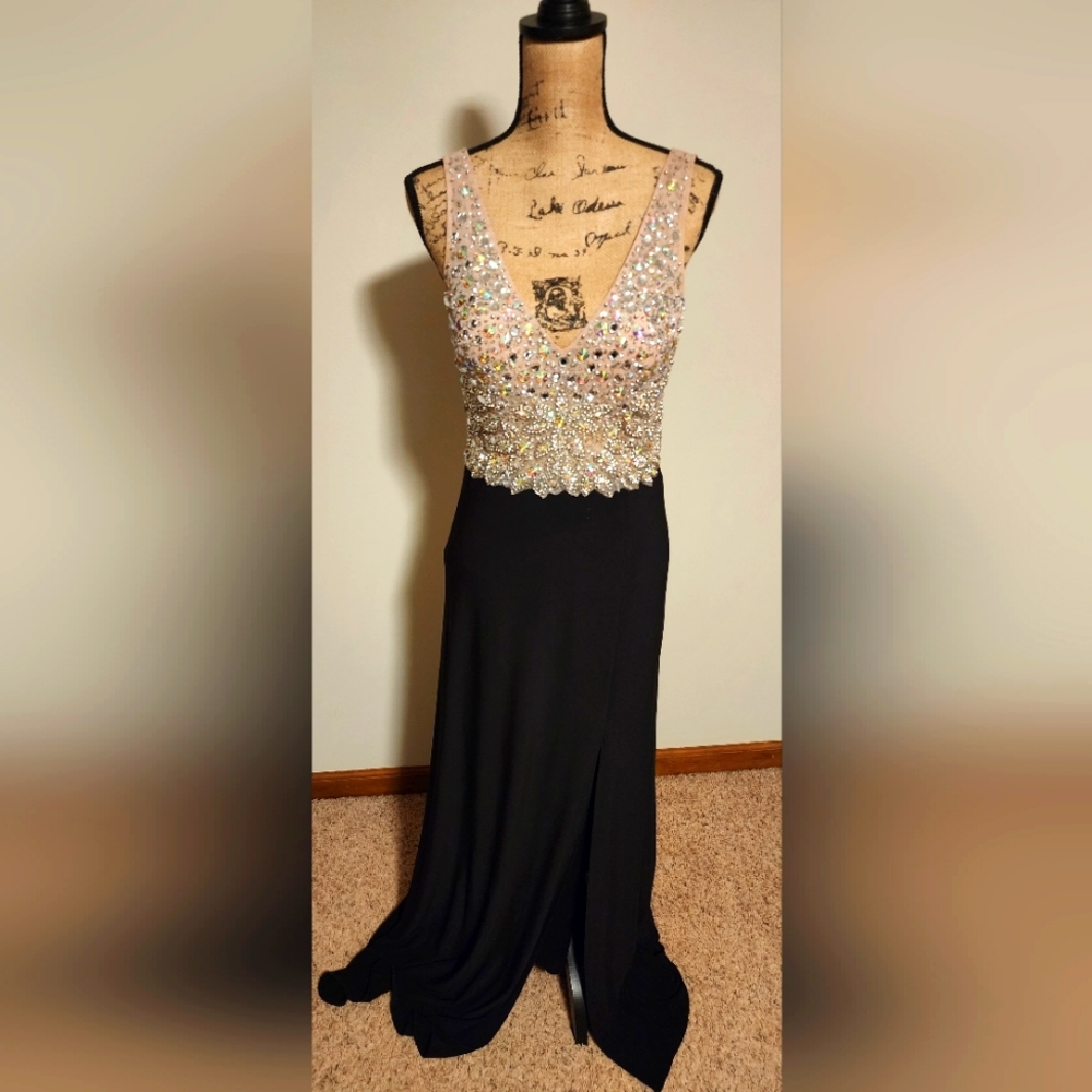 Blondie Nites Black Gown with Crystal-Embellished Nude Bodice